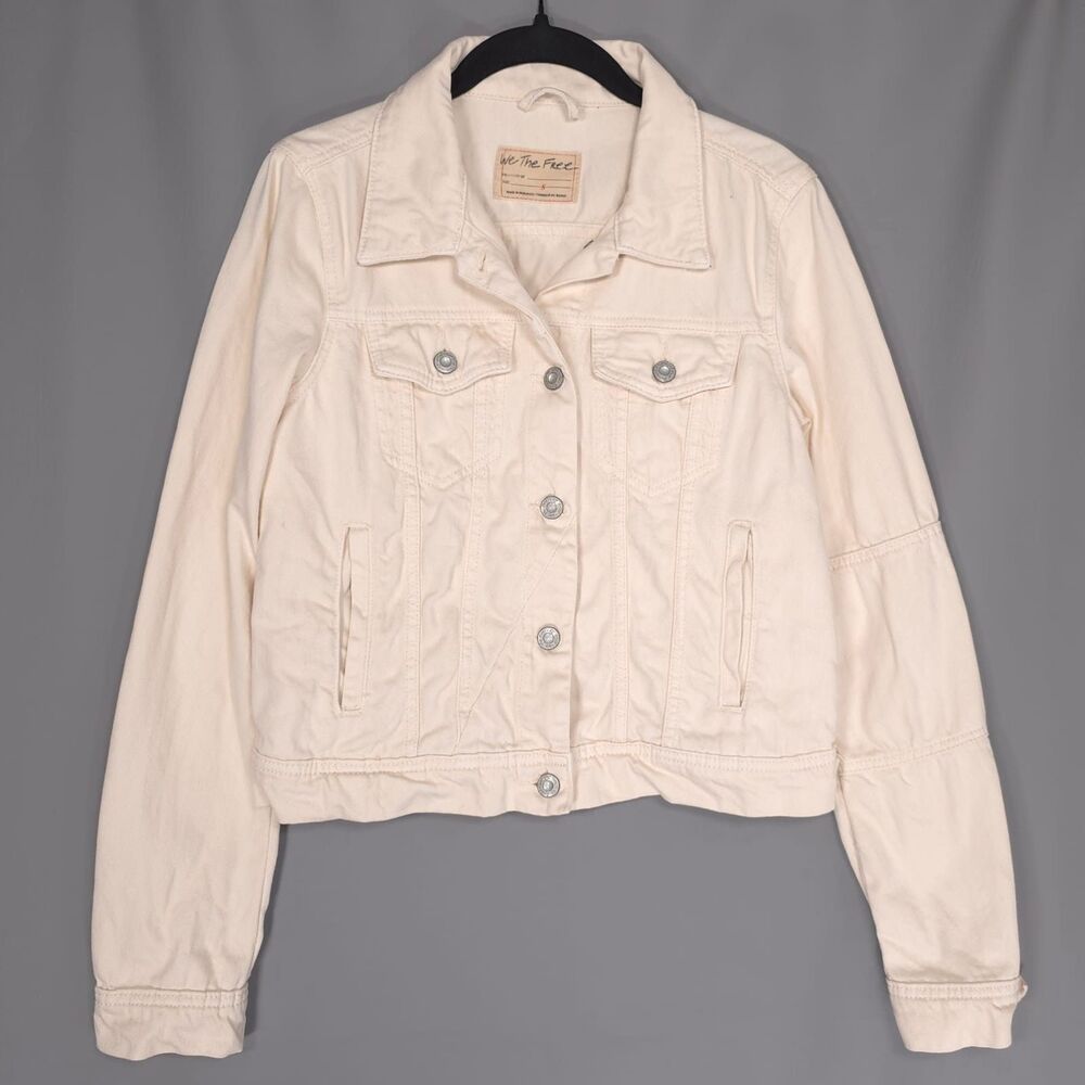 WE THE FREE Women's Denim Jacket SMALL Cream Cropped 100% Cotton Button Front